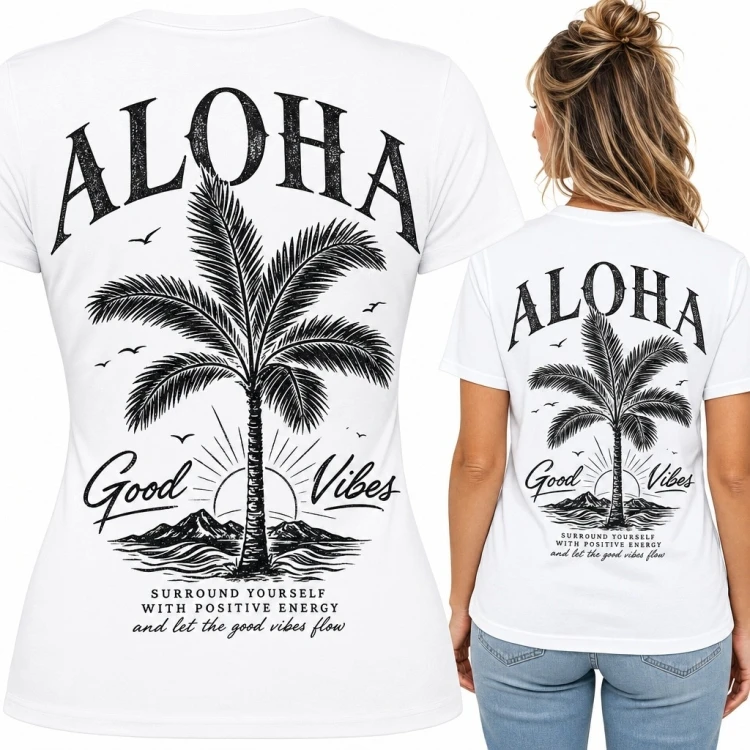Koszulka damska z palmą i napisami „Aloha” i „Good Vibes” - nadruk na plecach