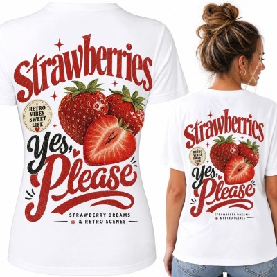 Koszulka damska z truskawkami „Strawberries Yes Please” - nadruk retro