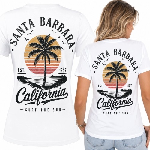 Koszulka damska „Santa Barbara California” z palmą i zachodem słońca - kalifornijski styl retro