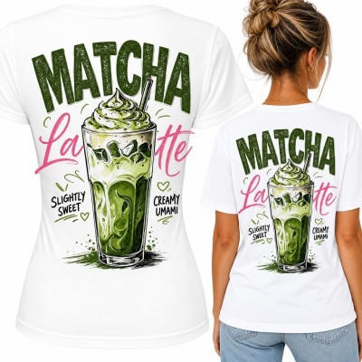 Koszulka damska z tylnym nadrukiem „Matcha Latte” - retro motyw napoju
