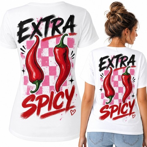 Koszulka damska z papryczkami chili „Extra Spicy” - duży nadruk na plecach