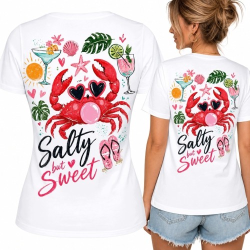 Koszulka damska z krabem „Salty but Sweet” - wakacyjny nadruk na plecach