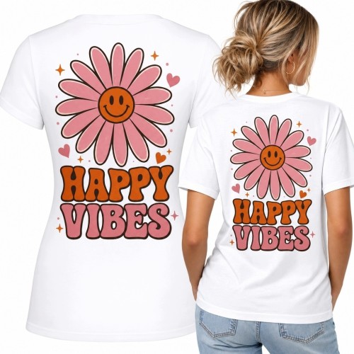Koszulka damska z kwiatem i napisem „Happy Vibes” - retro nadruk na plecach