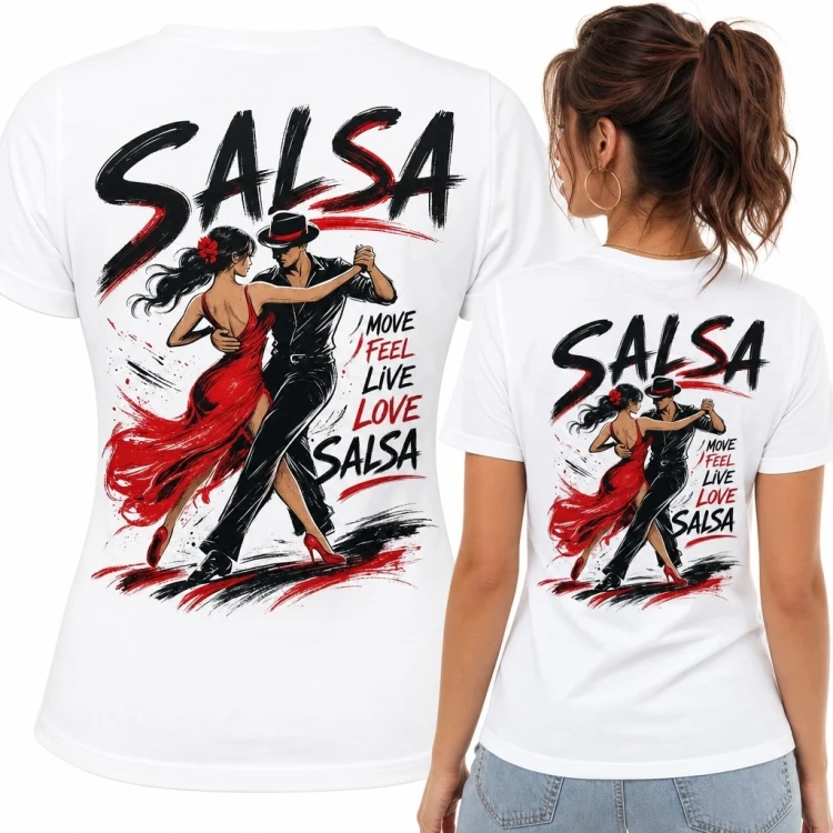 Koszulka damska z tańczącą parą „Salsa” - duży nadruk na plecach