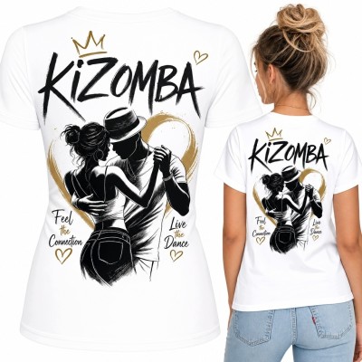 Koszulka damska z nadrukiem „Kizomba” - tańcząca para w złotym sercu