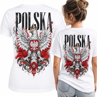 Koszulka damska patriotyczna „Polska” z Orłem Białym - duży nadruk na plecach