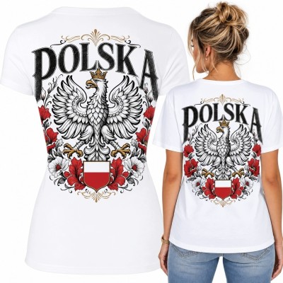 Koszulka damska z orłem i napisem „POLSKA” - biała, z czerwono-białą tarczą na plecach