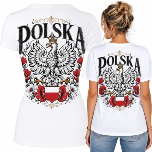 Koszulka damska z orłem i napisem „POLSKA” - biała, z czerwono-białą tarczą na plecach