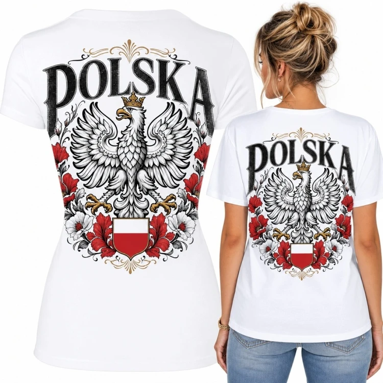 Koszulka damska z orłem i napisem „POLSKA” - biała, z czerwono-białą tarczą na plecach