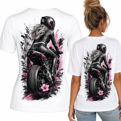 Koszulka damska z motocyklistką na sportowym motocyklu - duży nadruk na plecach