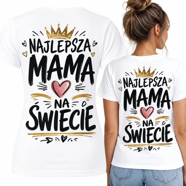 Koszulka damska dla mamy „Najlepsza mama na świecie” z koroną - nadruk na plecach