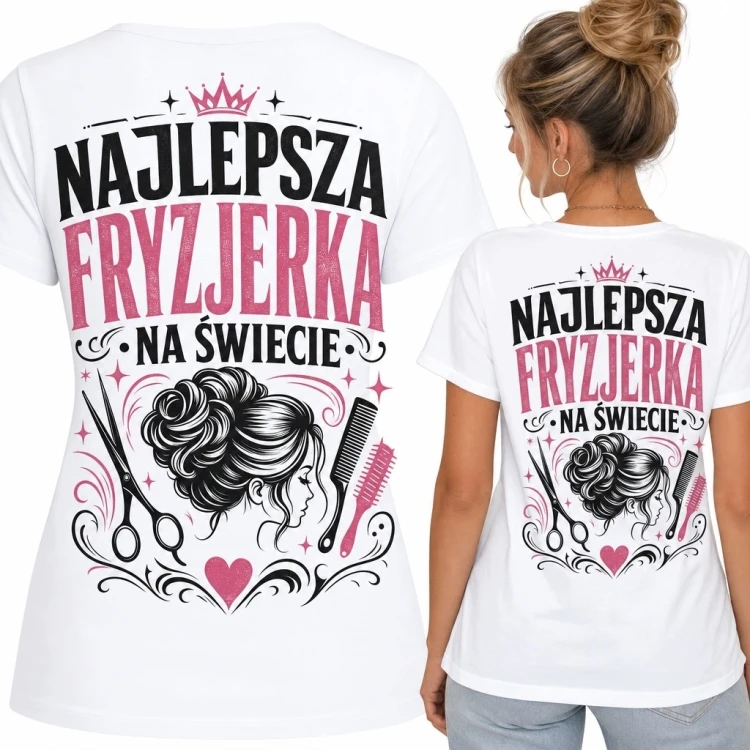 Koszulka damska dla fryzjerki „Najlepsza fryzjerka na świecie” - nadruk na plecach