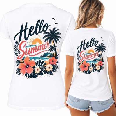 Koszulka damska z tropikalnym nadrukiem „Hello Summer” - palmy i hibiskusy