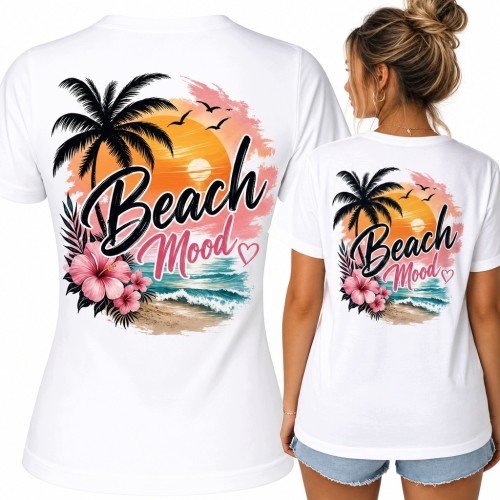Koszulka damska z tylnym nadrukiem „Beach Mood” - tropikalna plaża i palmy