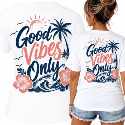 Koszulka damska „Good Vibes Only” - palmy, fale i hibiskusy na plecach