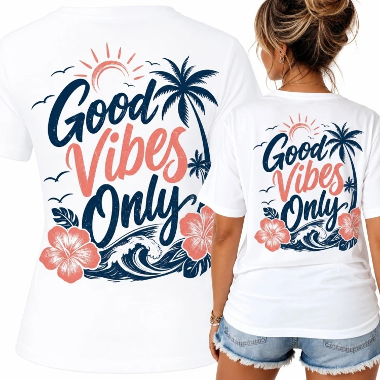 Koszulka damska „Good Vibes Only” - palmy, fale i hibiskusy na plecach