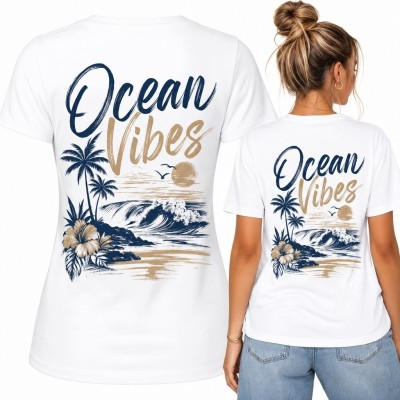 Koszulka damska z nadrukiem „Ocean Vibes” - ocean, fala i palmy