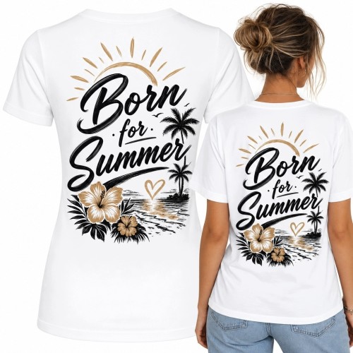 Koszulka damska „Born for Summer” - tropikalna plaża i palma