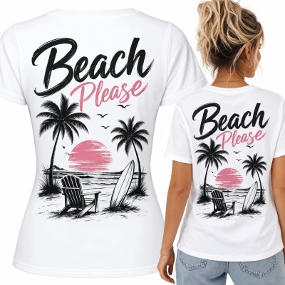 Koszulka damska z nadrukiem „Beach Please” na plecach - plaża i surfing