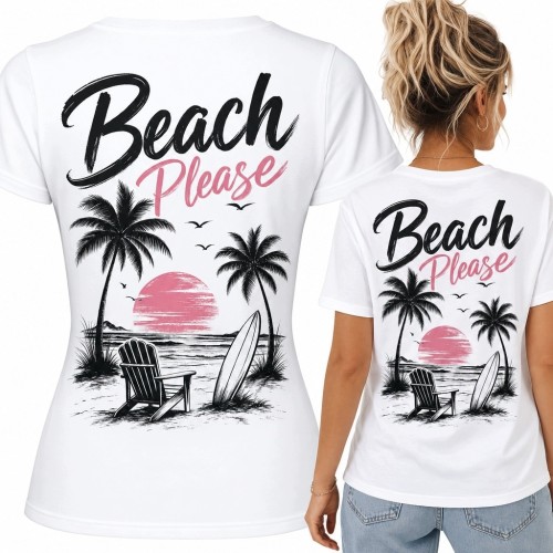 Koszulka damska z nadrukiem „Beach Please” na plecach - plaża i surfing