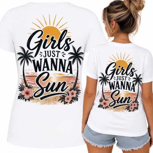 Koszulka damska „Girls Just Wanna Sun” - palmy i różowe kwiaty