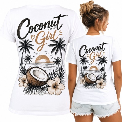 Koszulka damska z tropikalnym nadrukiem „Coconut Girl” - kokos, palmy i zachód słońca