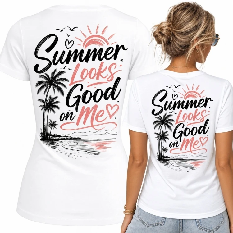 Koszulka damska z palmami „Summer Looks Good on Me” - wakacyjny nadruk na plecach