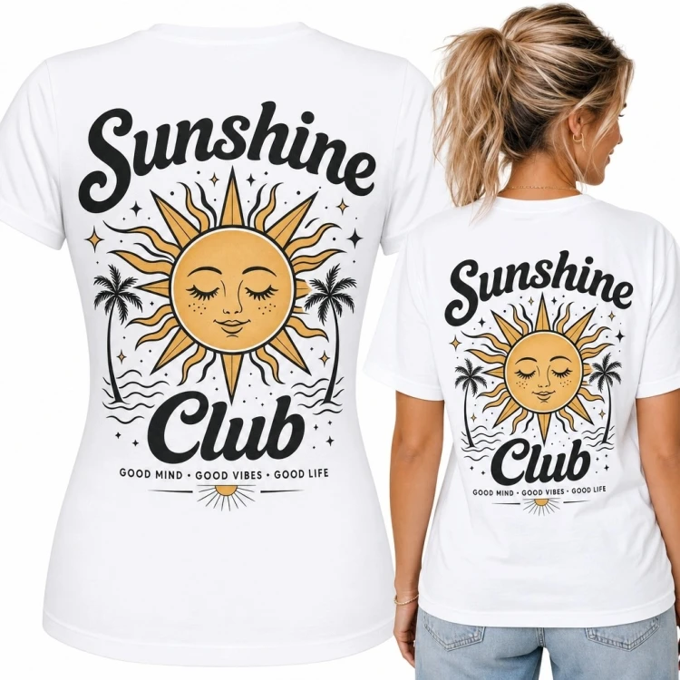 Koszulka damska z retro słońcem „Sunshine Club” - wakacyjny nadruk na plecach