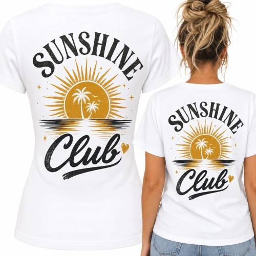 Koszulka damska „Sunshine Club” z tropikalnym zachodem słońca - nadruk na plecach