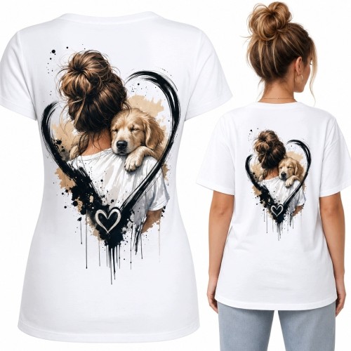 Koszulka damska z golden retrieverem - kobieta ze szczeniakiem w malarskim sercu