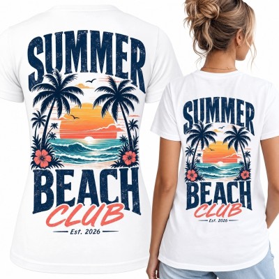 Koszulka damska „Summer Beach Club” z tropikalną plażą - nadruk retro