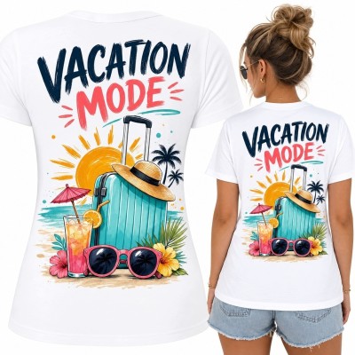Koszulka damska z wakacyjnym nadrukiem „Vacation Mode” na plecach