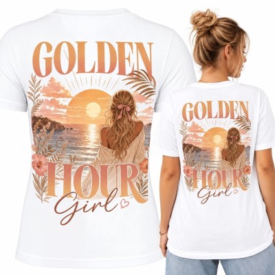 Koszulka damska boho z zachodem słońca „Golden Hour Girl” - nadruk na plecach