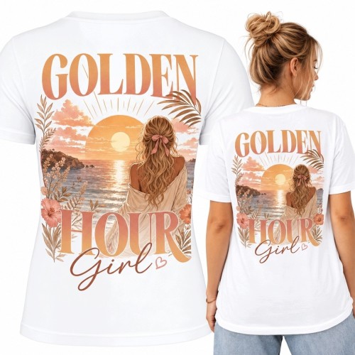 Koszulka damska boho z zachodem słońca „Golden Hour Girl” - nadruk na plecach