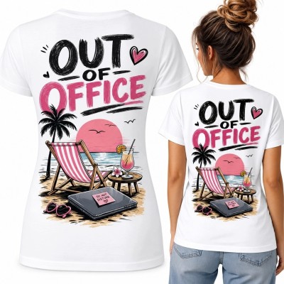 Koszulka damska „Out of Office” - wakacyjny nadruk na plecach