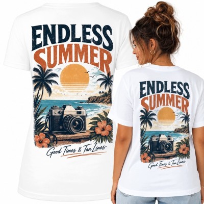 Koszulka damska „Endless Summer” z tropikalną plażą i aparatem - nadruk na plecach