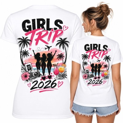 Koszulka damska „Girls Trip 2026” - trzy przyjaciółki i tropikalny motyw na plecach