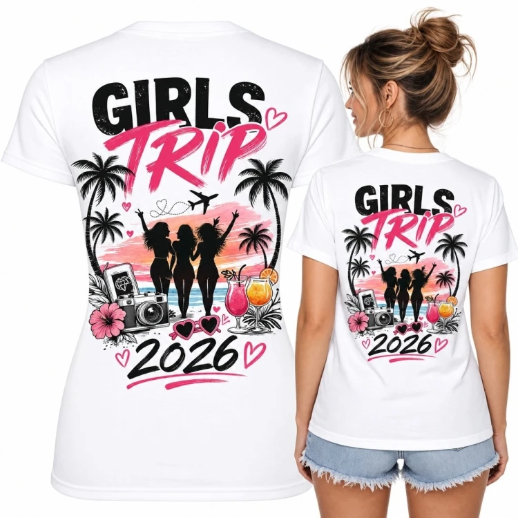 Koszulka damska „Girls Trip 2026” - trzy przyjaciółki i tropikalny motyw na plecach