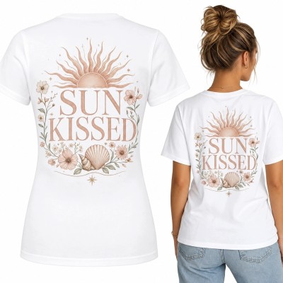 Koszulka damska z nadrukiem na plecach „Sun Kissed” - słońce, kwiaty i muszle