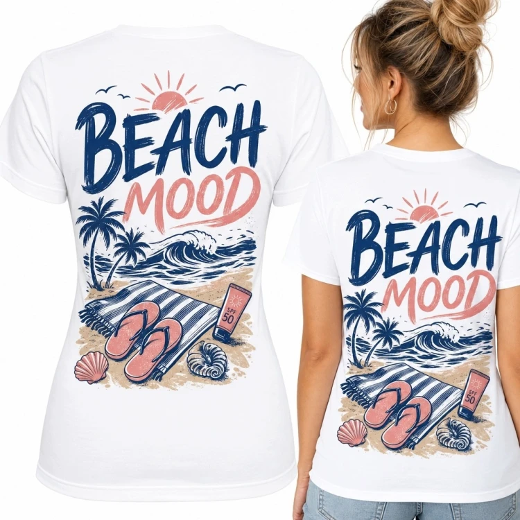 Koszulka damska z plażowym nadrukiem „Beach Mood” na plecach