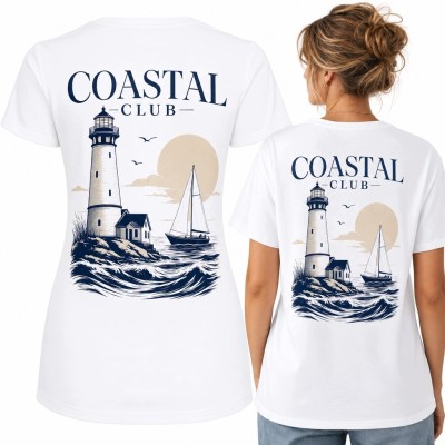 Koszulka damska z latarnią morską i żaglówką „Coastal Club” - marynistyczny nadruk