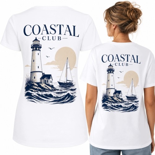 Koszulka damska z latarnią morską i żaglówką „Coastal Club” - marynistyczny nadruk