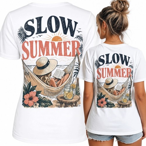 Koszulka damska „Slow Summer” - czytanie w hamaku na tropikalnej plaży