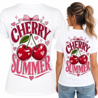Koszulka damska „Cherry Summer” z wiśniami - nadruk retro na plecach