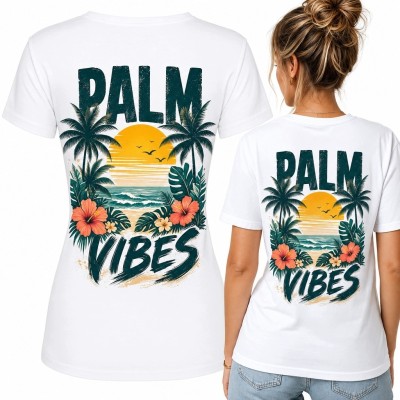 Koszulka damska z nadrukiem tropikalnej plaży „Palm Vibes” na plecach