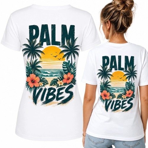 Koszulka damska z nadrukiem tropikalnej plaży „Palm Vibes” na plecach