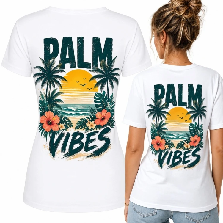 Koszulka damska z nadrukiem tropikalnej plaży „Palm Vibes” na plecach