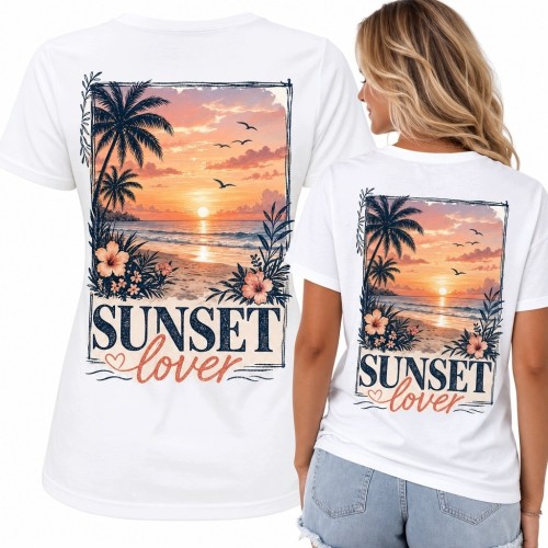 Koszulka damska z tropikalnym zachodem słońca i napisem „Sunset lover” - nadruk na plecach