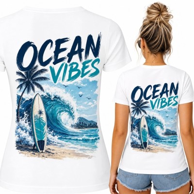 Koszulka damska surfingowa „Ocean Vibes” - duży nadruk na plecach