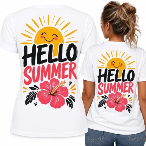Koszulka damska „Hello Summer” - wakacyjny nadruk na plecach ze słońcem i hibiskusem